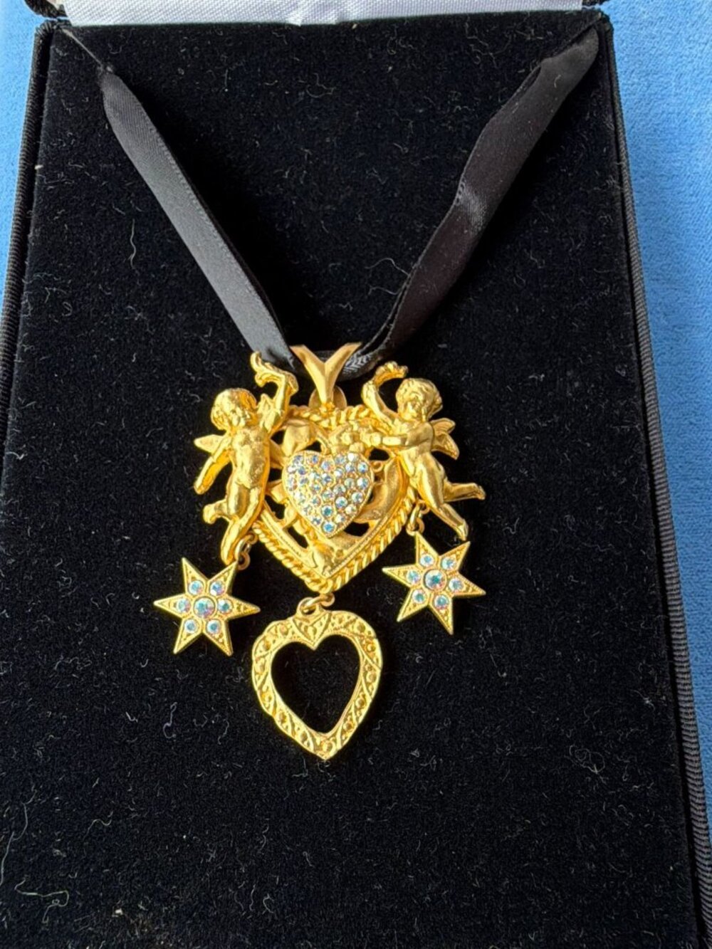 Vintage Kirks Folly Cherub Angel Heart Choker Necklace Gold Tone AB Crystal 16"
